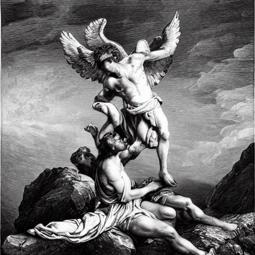 Image similar to A biblical painting of Jacob suplexing an angel at the top of a mountain by Gustave Doré, black and white palette, Scenic, Dramatic, beautiful shore in background, detailed, suplex, wrestling