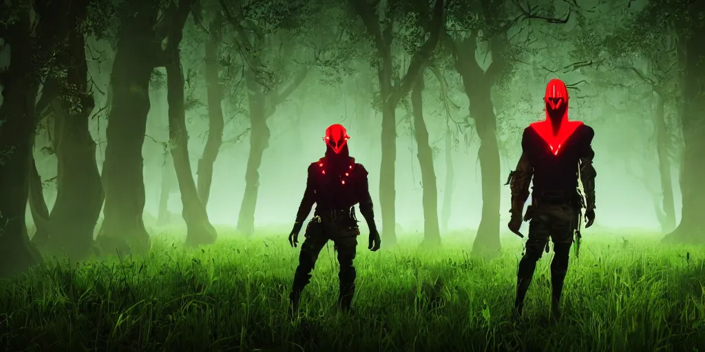 Image similar to inside of lush summer green landscape a strange gamekeeper wearing a steampunk and cyberpunk mechanical fluorescent mystical animal mask and red hood. walking in the misty dangerous swamp. in style of fornite game. night fog, beautiful render, octane render