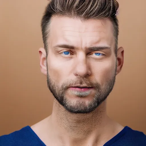 Image similar to close up of face of good looking 4 0 year old slavic blond man with blond stubble, very short wavy blond hair in a short pompadour style, very dark blue eyes, wearing a tank top, hairy shoulders, hairy chest, portrait, 4 k