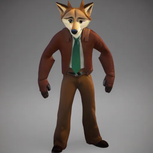 Image similar to far shot, 3d render , anthropomorphic wolf male , wearing along brown leather jacket , in the style of Zootopia