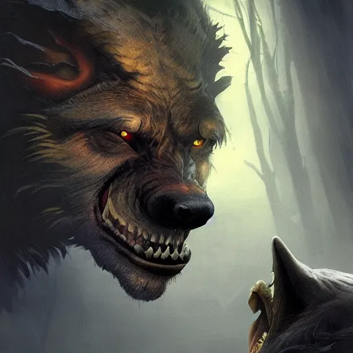 Image similar to werewolf staring at you, 3d scene, render, ultra realistic, zenith view, Frank Frazetta, Richard Corben, Moebius, Greg Rutkowski, artstation, cgsociety, level design, unreal engine, 3d scene, render, ultra realistic