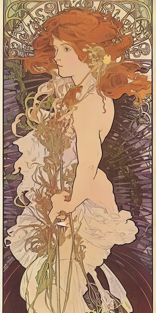 Prompt: a poster by Alphonse Mucha showing a woman riding a bicycle
