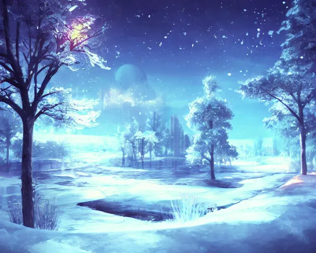 Prompt: scenery artwork, scene beautiful, light!! light essential cozy winter snow world snow and expansive dream scenery pixiv scenery art beautiful, surrealism oil on canvas, artstation!! pixiv!! dream scenery, quality astral projection render, nier automata concept art, vaporwave textures