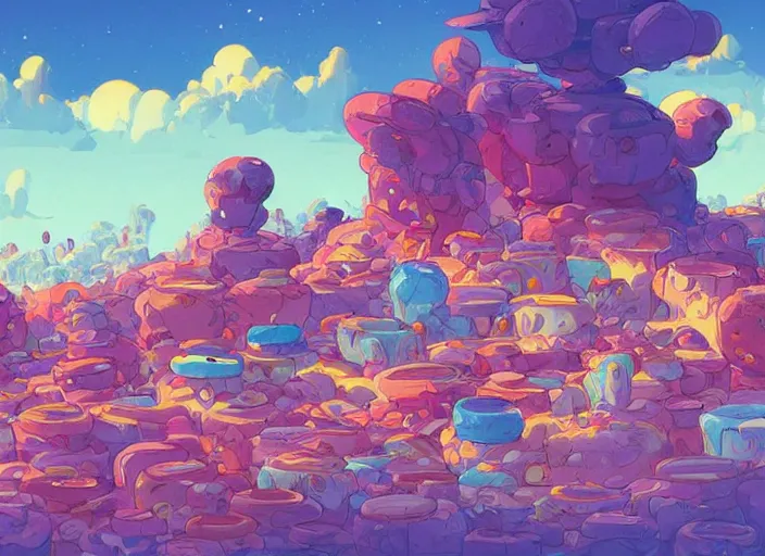 Image similar to concept art of a donut landscape made of donuts, cel shaded, in the style of makoto shinkai and moebius and peter mohrbacher and anton fadeev