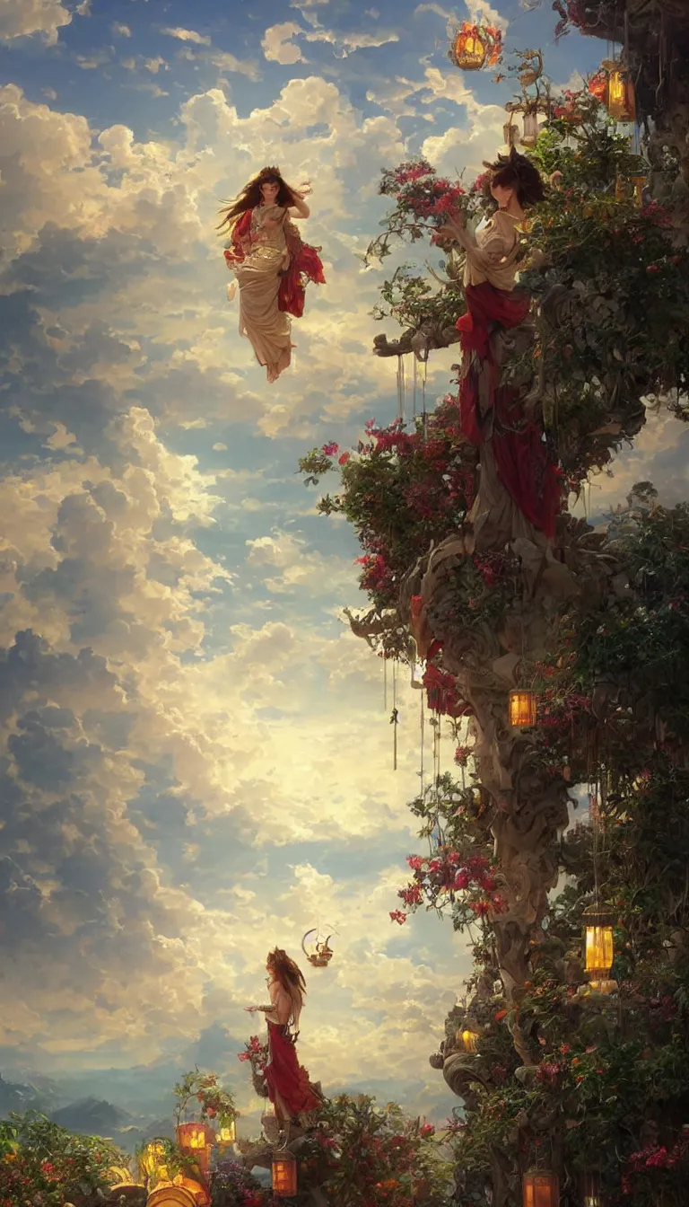 Prompt: wind deity enjoying the view from his stone heavenly palace, decorated with windchimes and paper lanterns, stunning nature and clouds in background, digital art, stanley artgerm lau, greg rutkowski, thomas kindkade, alphonse mucha, loish, norman rockwel