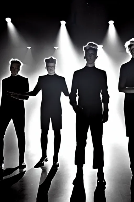 Image similar to the year 2080 art deco boy band, on stage in silouette, dramatic stage lighting for encore,