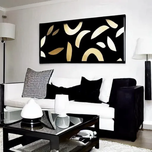 Prompt: realistic minimalist living room. white black and gold theme. large frame wall art behind couch