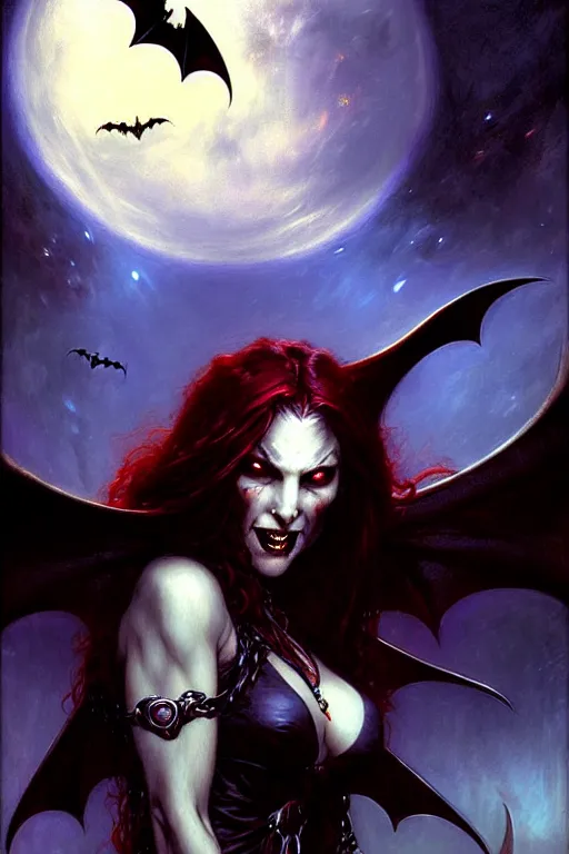 Image similar to evil female vampire, highly detailed, realistic style. night sky with bats. by raymond swanland, gaston bussiere, simon bisley