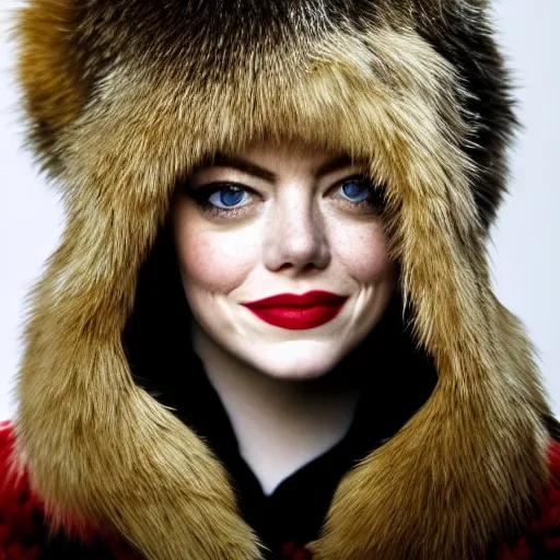 Image similar to closeup portrait of emma stone wearing ushanka, winter, painted by ron arad and steve argyle, blonde hair, cinematic