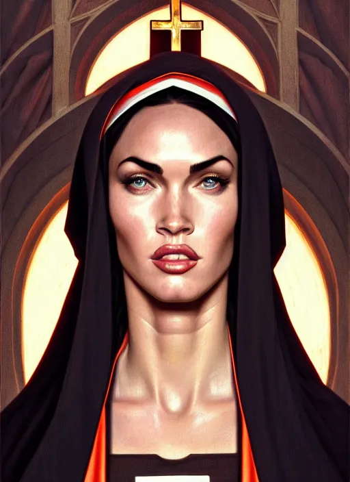 Prompt: portrait of megan fox as a nun, catholic, church, bible, christian, intrigante, headshot, highly detailed, digital painting, artstation, concept art, sharp focus, cinematic lighting, illustration, art by artgerm and greg rutkowski, alphonse mucha, cgsociety