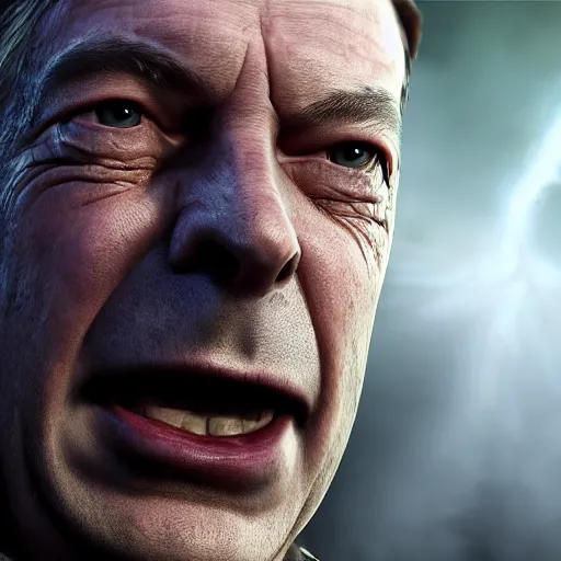 Image similar to nigel farage as a warrior in skyrim, splash art, movie still, cinematic lighting, dramatic, octane render, long lens, shallow depth of field, bokeh, anamorphic lens flare, 8 k, hyper detailed, 3 5 mm film grain