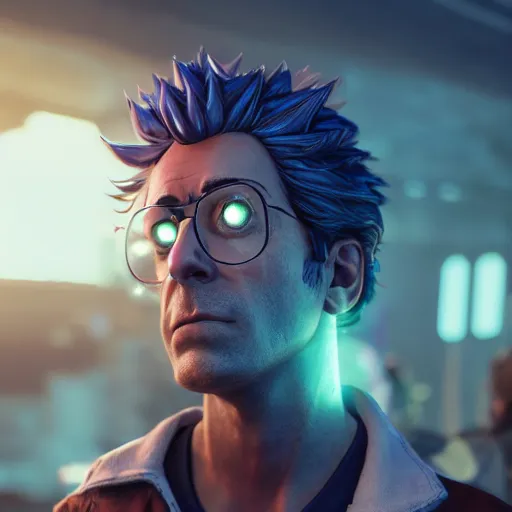 Image similar to portrait art of rick sanchez 8 k ultra realistic, lens flare, atmosphere, glow, detailed, intricate, full of colour, cinematic lighting, trending on artstation, 4 k, hyperrealistic, focused, extreme details, unreal engine 5, cinematic, masterpiece