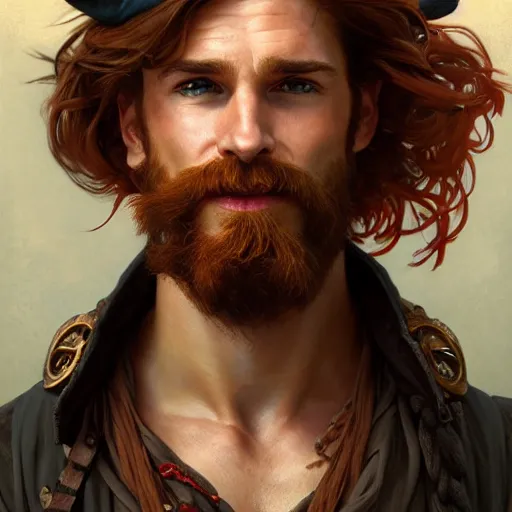 Image similar to portrait of a young ruggedly handsome but joyful pirate, male, masculine, upper body, red hair, long hair, d & d, fantasy, impish smirk, intricate, elegant, highly detailed, digital painting, artstation, concept art, matte, sharp focus, illustration, art by artgerm and greg rutkowski and alphonse mucha