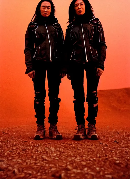 Image similar to cinestill 5 0 d photographic portrait of two loving clones, women wearing rugged black techwear on a desolate plain with a red sky, closeup, diverse species, cyberpunk, in front of a brutalist dark metal facility, dust storm, 3 5 mm, 8 k, f / 1 6, high resolution, ultra realistic faces, beautiful faces