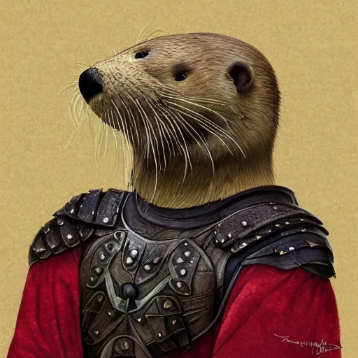 Image similar to portrait of warrior otter, shiny armor, by lindsey kustusch.