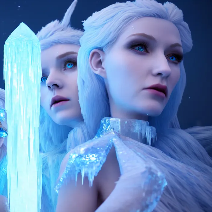 Prompt: beautiful ice queen confronting a ice golem ,highly detailed, 8k, HDR, award-winning, trending on artstation, octane render