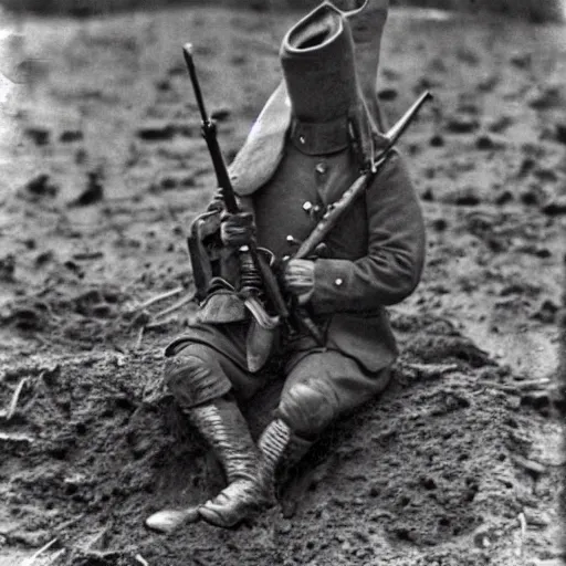 Image similar to a rabbit dressed as a ww1 russian soldier, posing in a muddy trench, grainy black and white photograph