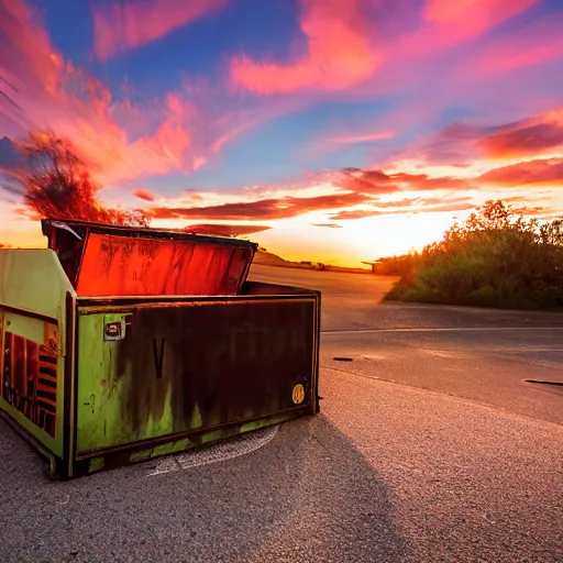 Prompt: a beautiful sunset over a flaming dumpster, landscape photography, award - winning, amazing details,