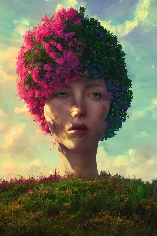 Image similar to portrait of giant flower head, a girl with coat between bushes, surreal photography, wind and cold, dramatic sky, impressionist painting, digital painting, artstation, simon stalenhag