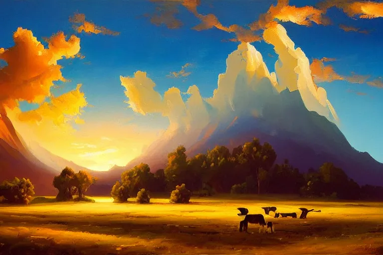 Image similar to a beautiful oil painting abstract nature landscape with clouds, mountains, in background, sunset, by rhads