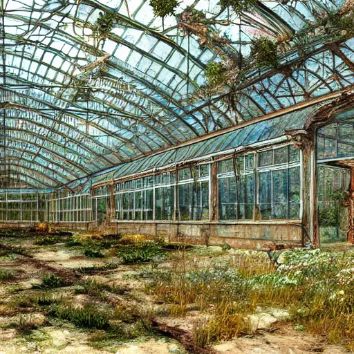 Prompt: concept art of an abandoned greenhouse with subtle psychedelic alterations by john howe and henry ossawa tanner, trending on artstation, hyperrealism, highly detailed, art gallery, museum piece