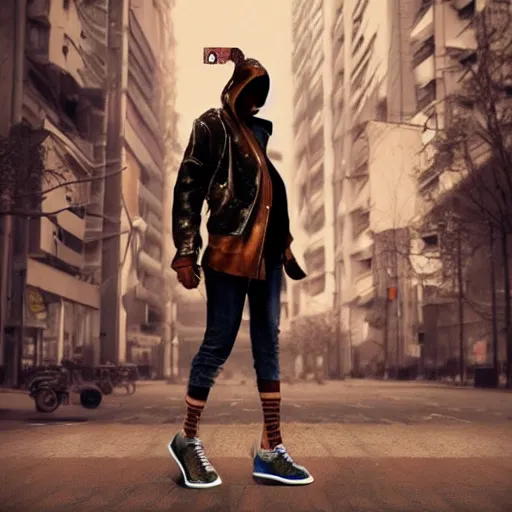 Prompt: a fashion model, creative, brown skin, digital art, photo manipulation, artstation, standing, cyberpunk, giant, street, duck shoes, photoshop