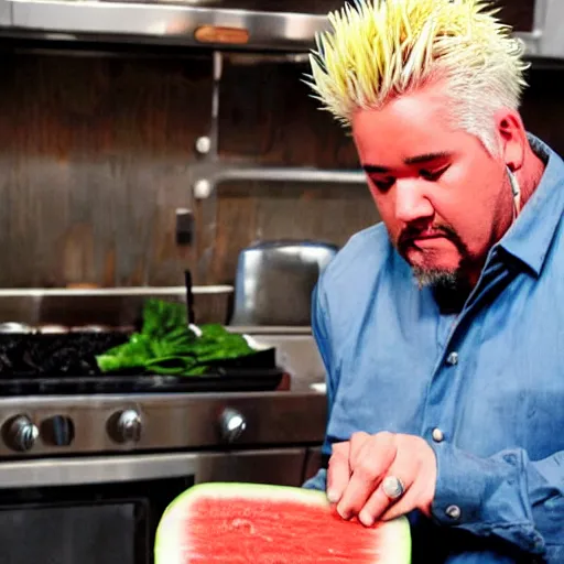 Prompt: Guy Fieri brain surgery, instead of a brain there is watermelon