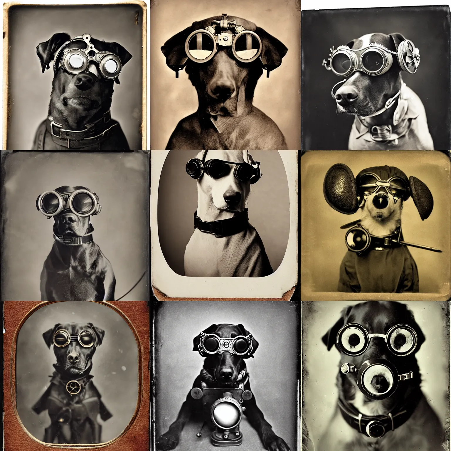 Prompt: steampunk dog with goggles Early, wet plate photography, colloid