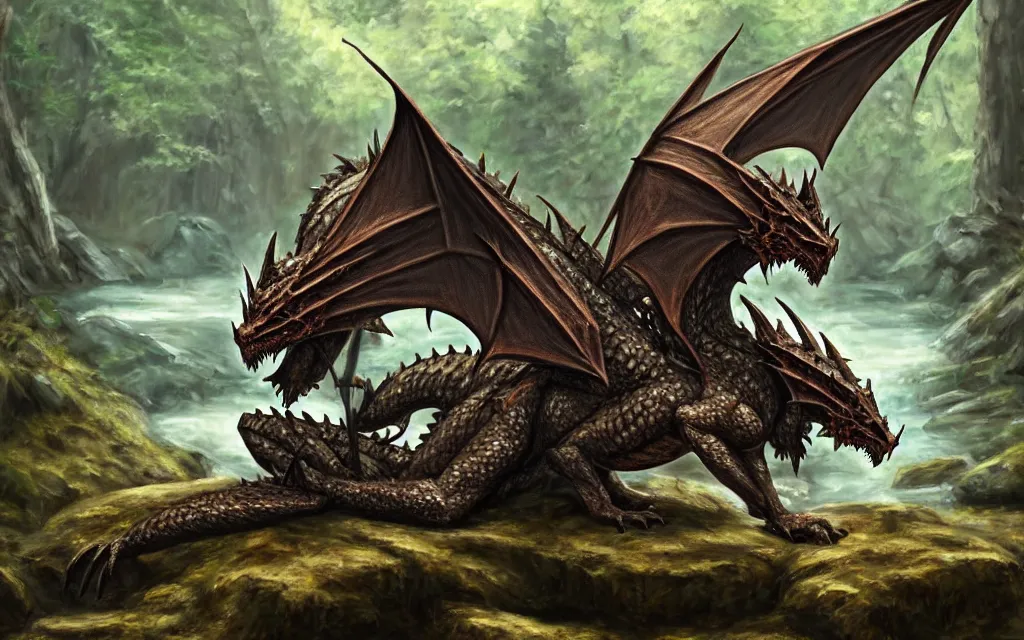 Prompt: A dragon dressed in armor sitting on a rock within a woodland creek, highly detailed, trending on pixiv, realistic oil paint artwork made in 2020.