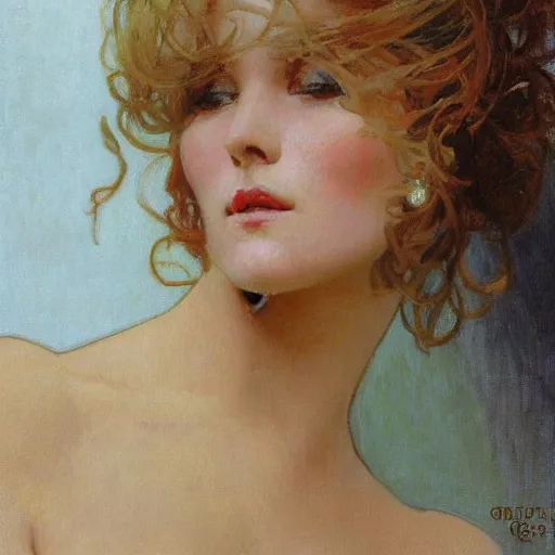 Image similar to photo portrait of a beautiful woman by gil elvgen, greg manchess, mucha