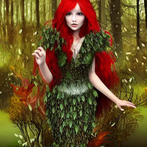 Image similar to Girl, long red hair, short bangs, in a beautiful skirt made of leaves with dewdrops on them, clothes, tiny mushrooms and forest on a dress, mushrooms decoration on the dress, on the background of a magickal forest, Designer clothes, vouge photo, fashion style, fullbody, in full growth, intricate, elegant, highly detailed, artstation, concept art, smooth, sharp focus, illustration, art by greg rutkowski and orientalism and bouguereau and Zdzislaw Beksinski, good clear quality, lighting, biology, symmetrical artwork, perfect face, 135 mm, cinematic, hyper realism, high detail, octane render, 8k, chrome accents