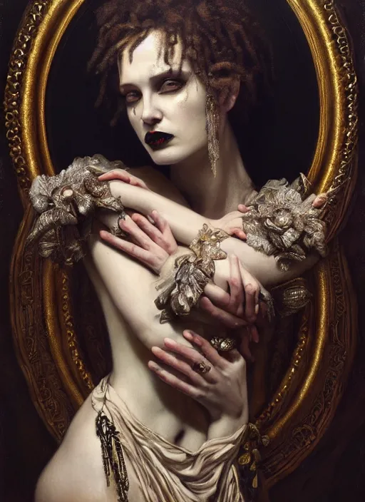 Image similar to highly detailed oil painting | very intricate | cinematic lighting | award - winning | portrait of the goddess of goth dressed by alexander mcqueen | by roberto ferri, by tom bagshaw, by j. c. leyendecker and klimt, american romanticism, by austin osman spare, artstation, cgsociety, official art, octane