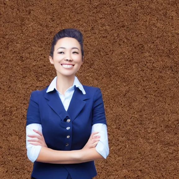 Prompt: portrait of 2 5 - year - old business woman with angle 1 0 0 ° centred looking away breading fresh air, strong spirit and look happy, background soft blue gradian