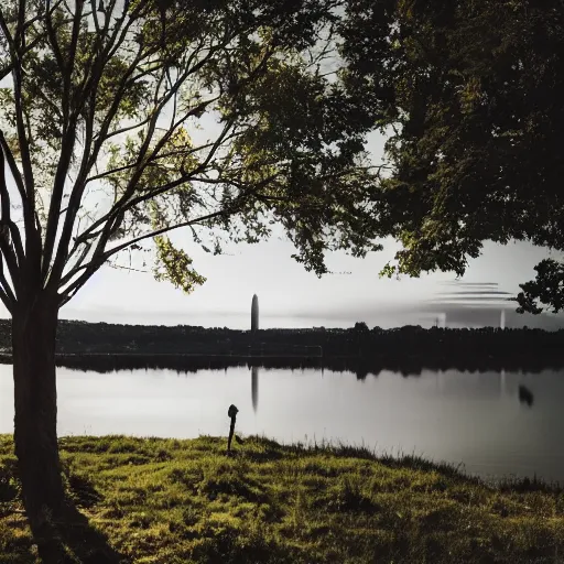 Image similar to sci fi nuclear containment building in an expansive river valley with tree and a city in the distance, a sense of hope and optimism, birds overhead, stark light, day time, unsplash, national geographic, hd, high res