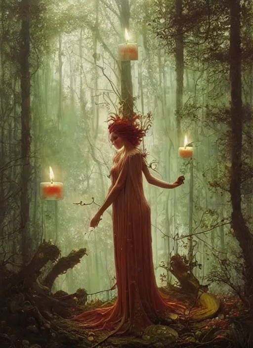 Prompt: a hyper realistic floating fairy shrine, candles, in the woods, gorgeous lighting, lush forest foliage, explosions painting by chiara bautista and tom bagshaw, mucha, beksinski and norman rockwell and greg rutkowski weta studio, and lucasfilm