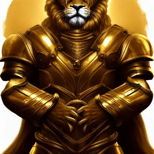 Image similar to a award winning commission photograph of an anthropomorphic lion with human features wearing a golden knight armor, digital art, character concept, highly detailed, deviantart, artstation, beautiful, photorealistic, imagination, fantasy, dramatic