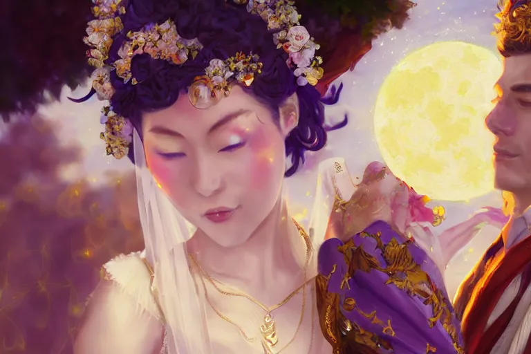 Image similar to a cinematic portrait of wedding photograph jpeg close up moment of a divine a japan sun god and moon goddess lovers magician at a wedding banquet. portraiture. digital painting. artstation. concept art. wedding photo. digital painting. violet evergarden art masterpiece by art by krenz cushart