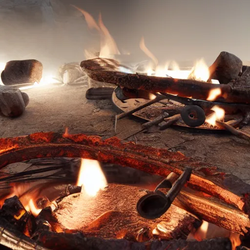 Image similar to 8 k hd detailed octane render of an iron age forge