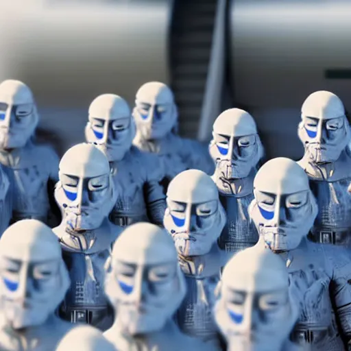 Prompt: a close up of a clone army of Jeff Bezos, preparing to board a large rocket. Hyper realistic, photojournalism.