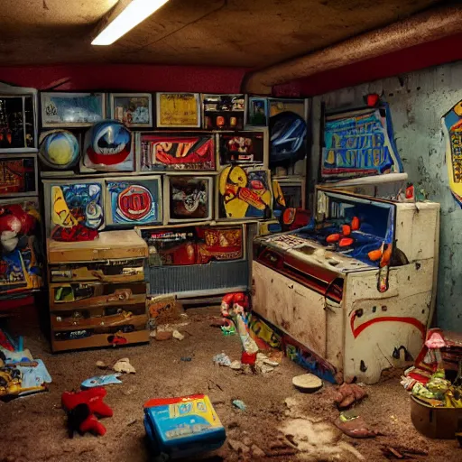 Image similar to Mancave full of 80s toys games and wall posters Stuffy atmosphere, shadows, vintage, highly detailed, abandoned,