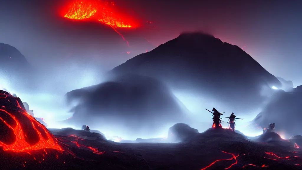 Image similar to samurai struggling through volcanic terrain, thunderstorm, cinematic lighting, wide shot, octane render, 4 k, 8 k, artstation, concept art