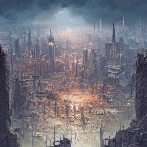 Prompt: Decimated city,cute,Symmetrical face,highly detailed,elegant,Marc Simonetti and Caspar David Friedrich, Trending on artstation