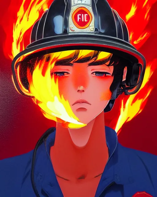 Image similar to fireman, fire helmet, flames background | | very very anime!!!, fine - face, audrey plaza, realistic shaded perfect face, fine details. anime. realistic shaded lighting poster by ilya kuvshinov katsuhiro otomo ghost - in - the - shell, magali villeneuve, artgerm, jeremy lipkin and michael garmash and rob rey