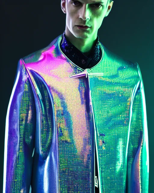 Image similar to detailed portrait of European Professional Fashion Male Model Sheen Holographic Jacket coat, Futuristic sci-fi fashion, royal attire Akira, Evangelion, cyberpunk, neotokyo, synthwave, aesthetics, futuristic, low-emission-neon, bladerunner movie scene by ismail inceoglu dragan bibin hans thoma greg rutkowski Alexandros Pyromallis Nekro Rene Margitte illustrated Perfect face, fine details, realistic shaded, fine-face, pretty face sharp chine