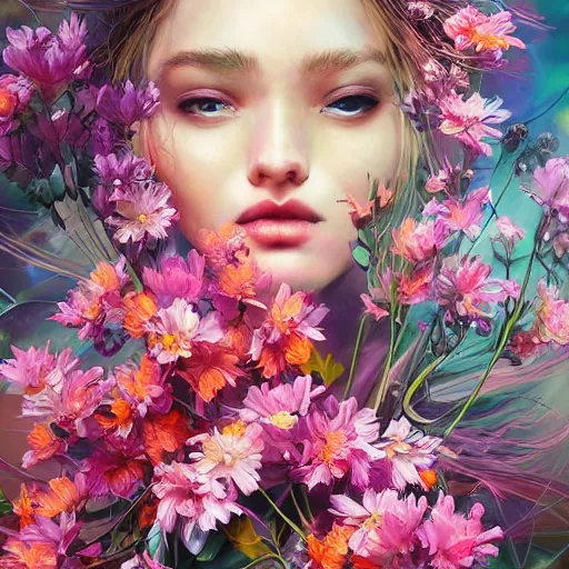 Image similar to a bouquet of ethereal big colorful transparent entangled flowers, wild foliage, vivid, detailed painting, beautiful colors, by Ross Tran, WLOP, artgerm and James Jean, masterpiece, award winning painting