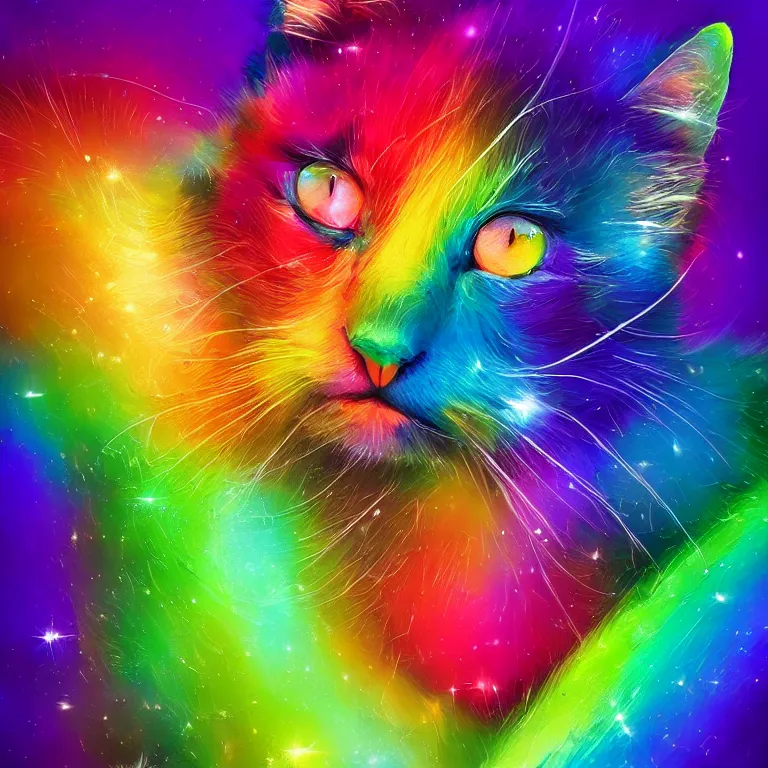 Image similar to art of Rainbow kittens in space, well lit, digital art, expressive beautiful, award winning, high quality, 4k hd, sharp, backlit, gorgeous lighting, painted by Pablo Amaringo