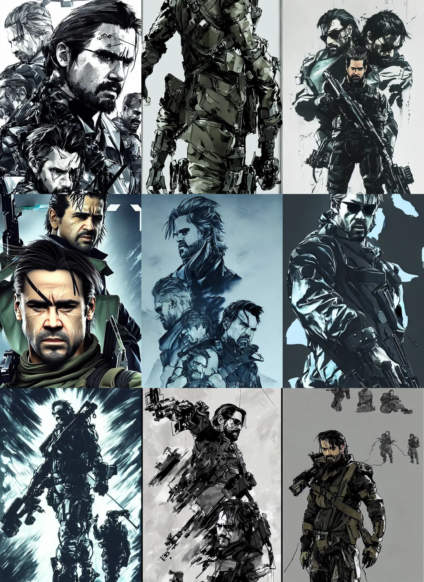 Prompt: Style of Yoji Shinkawa Colin Farrell as Metal Gear Solid, Death Stranding concept