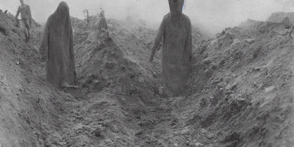 Image similar to scary unproportionable tall ghost creature in the middle of a trench, 1900s picture