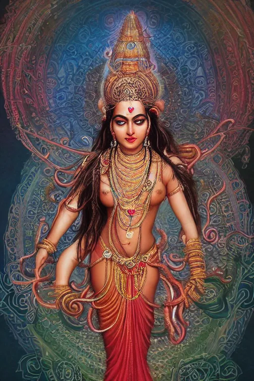 Image similar to an immaculate render of a dancing indian goddess adorned with leaves and cables and bird wings, dancing in a temple surrounded by wild tentacles made from mandalas and incense smoke, full body, perfect face, powerful, cinematic, beautifully lit, by artgerm, by karol bak, by android jones, 3 d, trending on artstation, octane render, 8 k