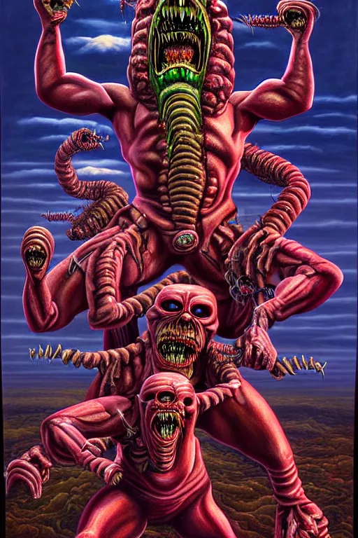 Prompt: a hyperrealistic painting of iron maidens eddie an epic boss fight against money devouring democratic politician demons, cinematic horror by chris cunningham, lisa frank, richard corben, highly detailed, vivid color,